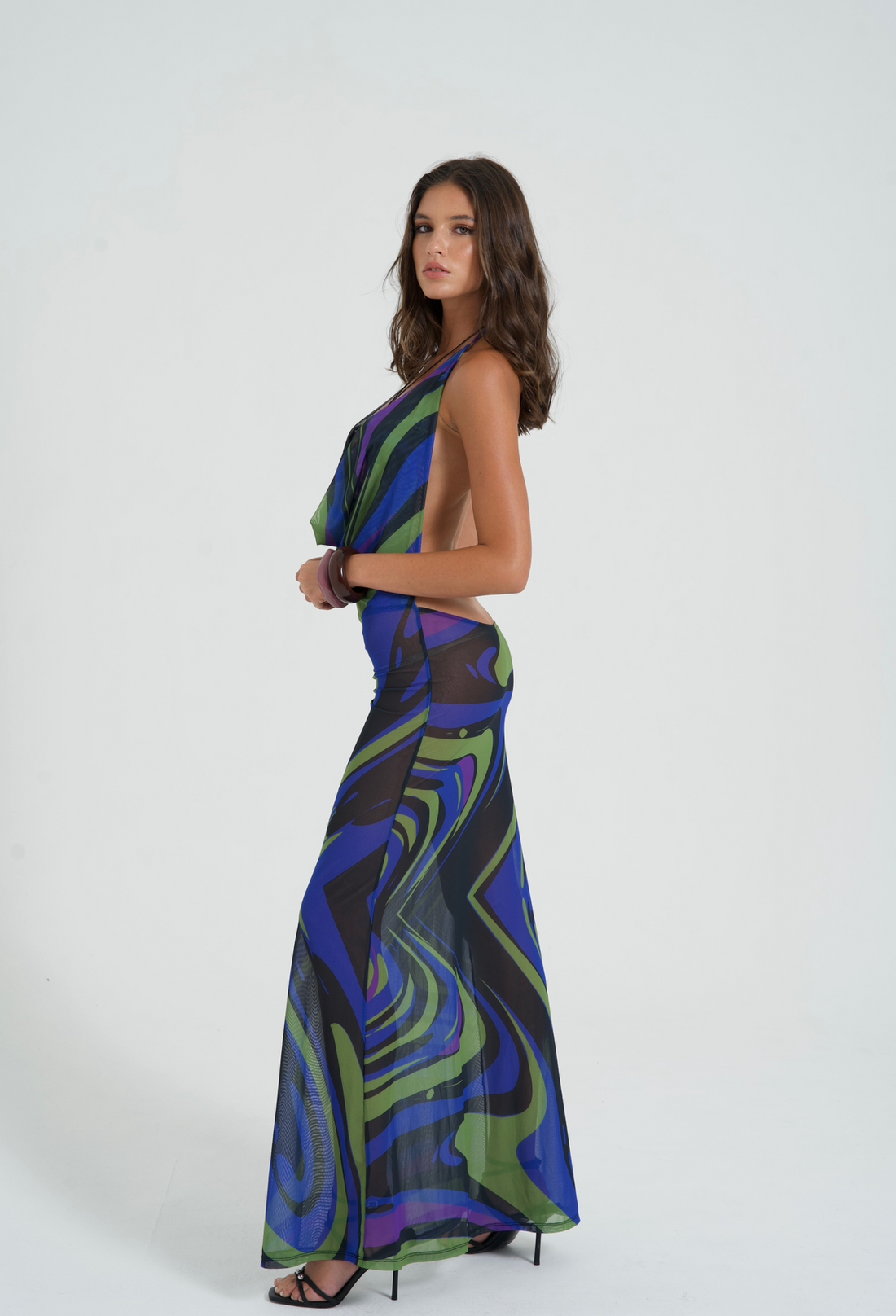 VESTIDO MÁXIMO DE MALLA ACAMPANADO RETRO ARIEL DE LOCÉAN